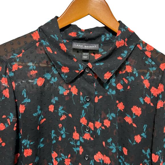 Lane Bryant Womens Boho Blouse 14/16 Black Floral Swiss Dot Sheer Whimsigoth‎ - Picture 4 of 9
